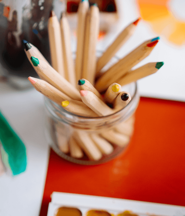 A pot of colourful pencils.