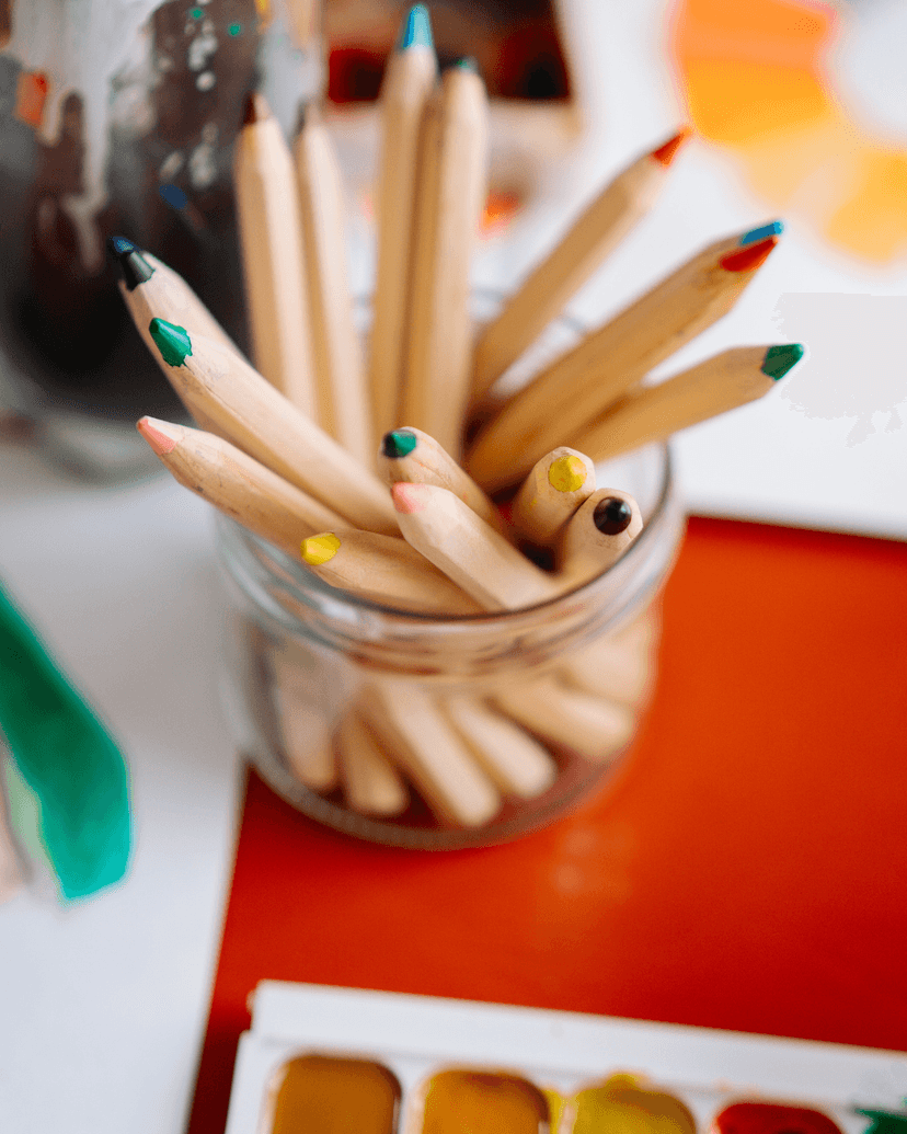 A pot of colourful pencils.